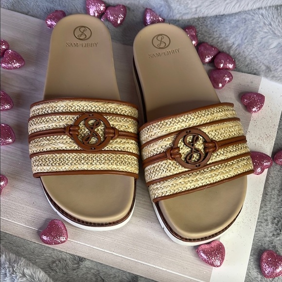 Sam & Libby Tan and Brown Slide Sandals with Woven Straps - Picture 1 of 8